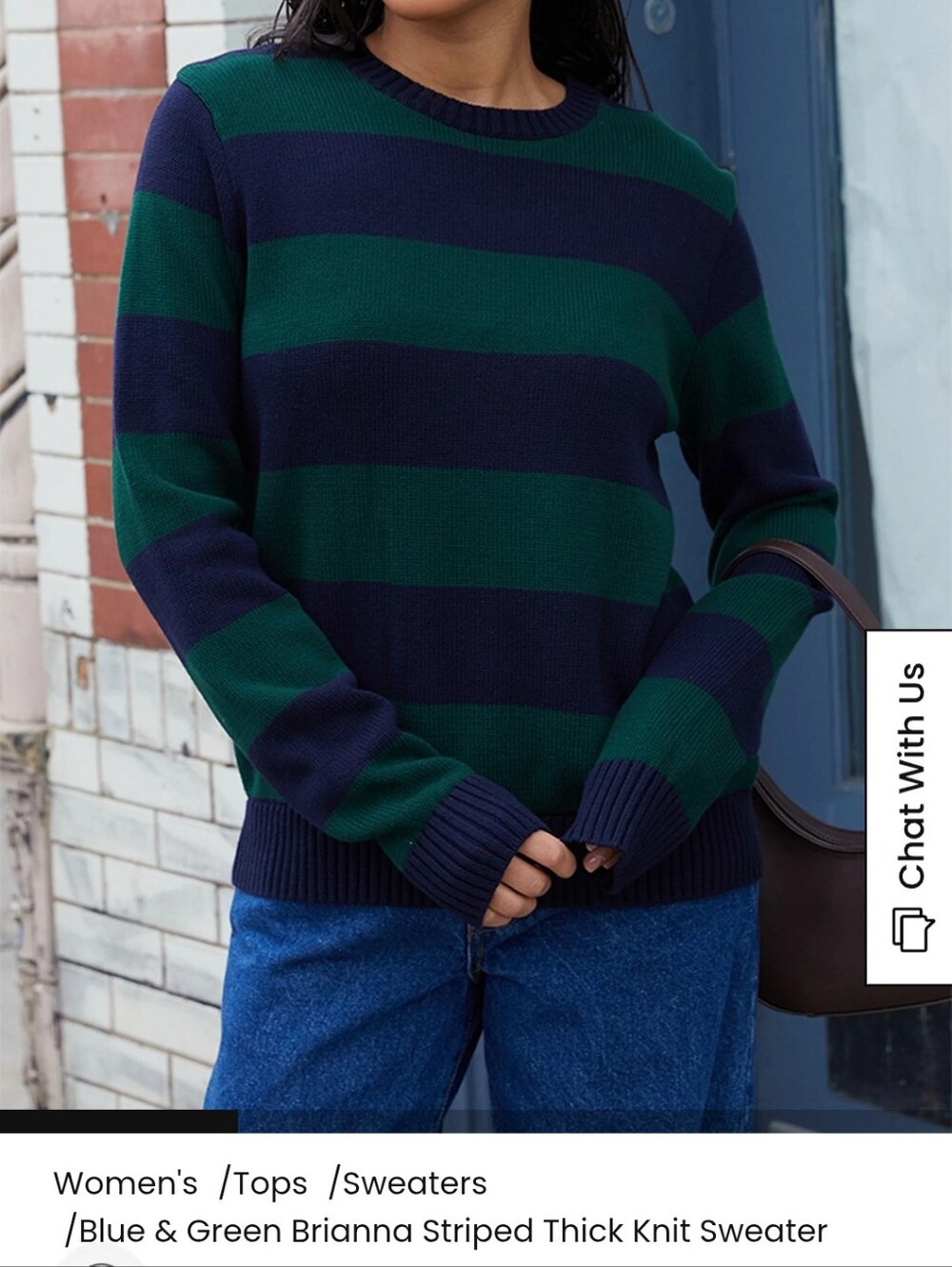 Brandy Melville Green & Navy Oversized "Briana" Striped Crewneck Sweater